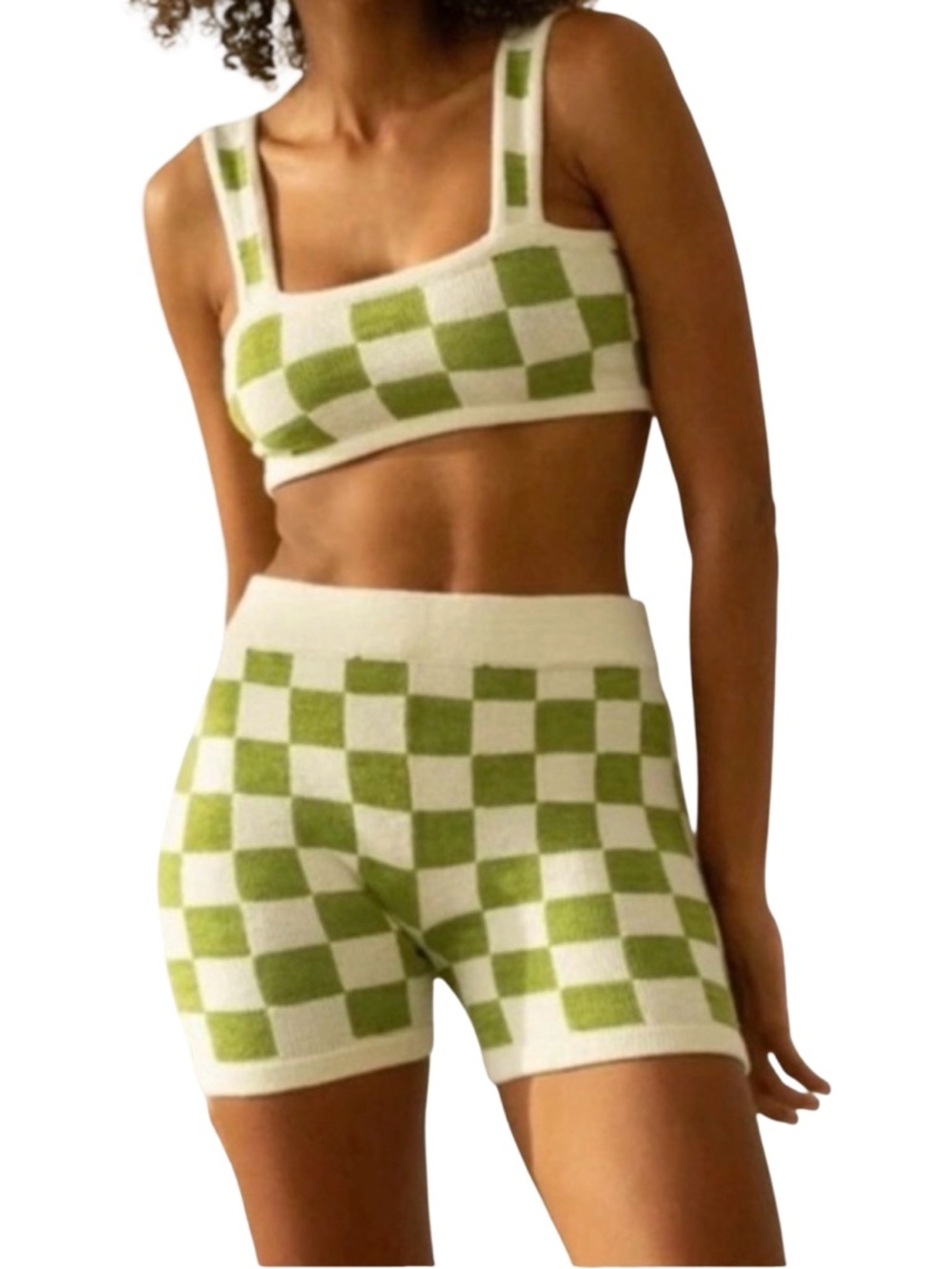 belle the label Knit Checkered Shorts - Size Medium - Green / Cream